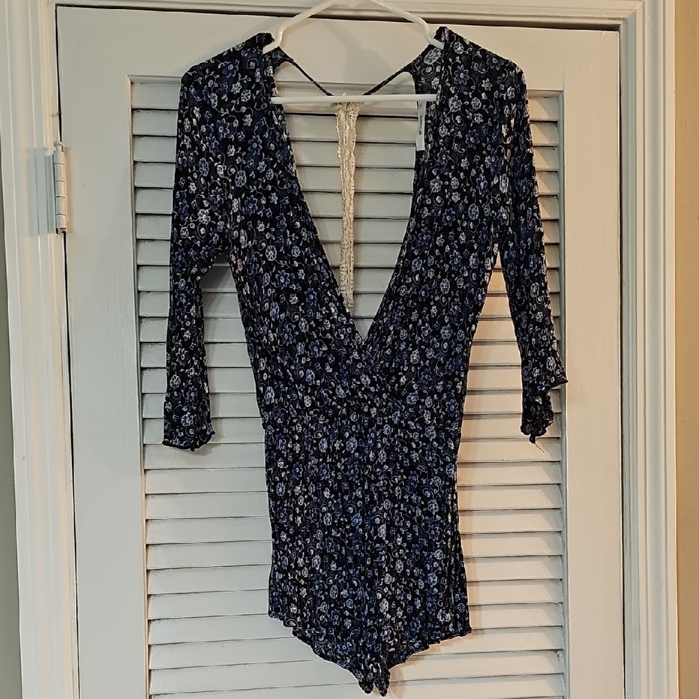 Navy Floral Deep V Romper